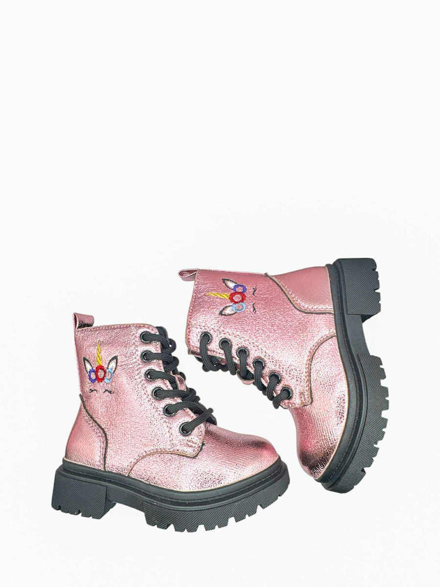 HAPPY BEE B0016940 Ανατομικά Δερμάτινα Παιδικά Μποτάκια με Κορδόνια Ροζ