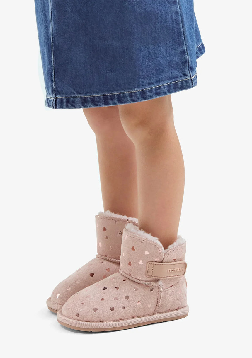 CONGUITOS Γούνινα μποτάκια ρόζ με καρδιές Barefoot tesh50101-tan