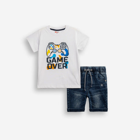 Funky Βρεφικό Σετ Μπλούζα & Τζιν Βερμούδα Game Over για Αγόρι Λευκό/Μπλε Τζιν 1-6 Ετών 126-302102-1