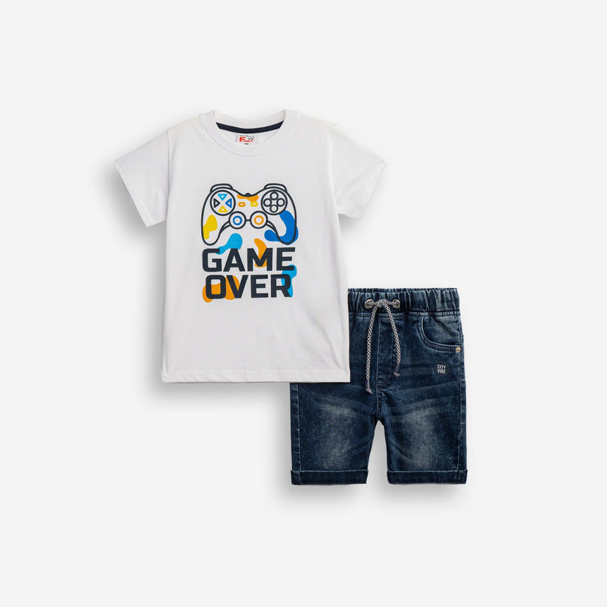 Funky Βρεφικό Σετ Μπλούζα & Τζιν Βερμούδα Game Over για Αγόρι Λευκό/Μπλε Τζιν 1-6 Ετών 126-302102-1