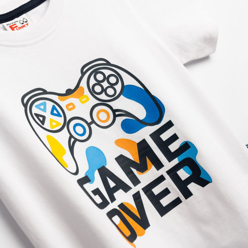 Funky Βρεφικό Σετ Μπλούζα & Τζιν Βερμούδα Game Over για Αγόρι Λευκό/Μπλε Τζιν 1-6 Ετών 126-302102-1
