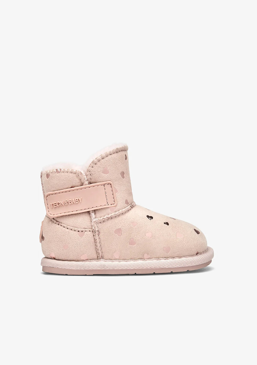 CONGUITOS Γούνινα μποτάκια ρόζ με καρδιές Barefoot tesh50101-tan
