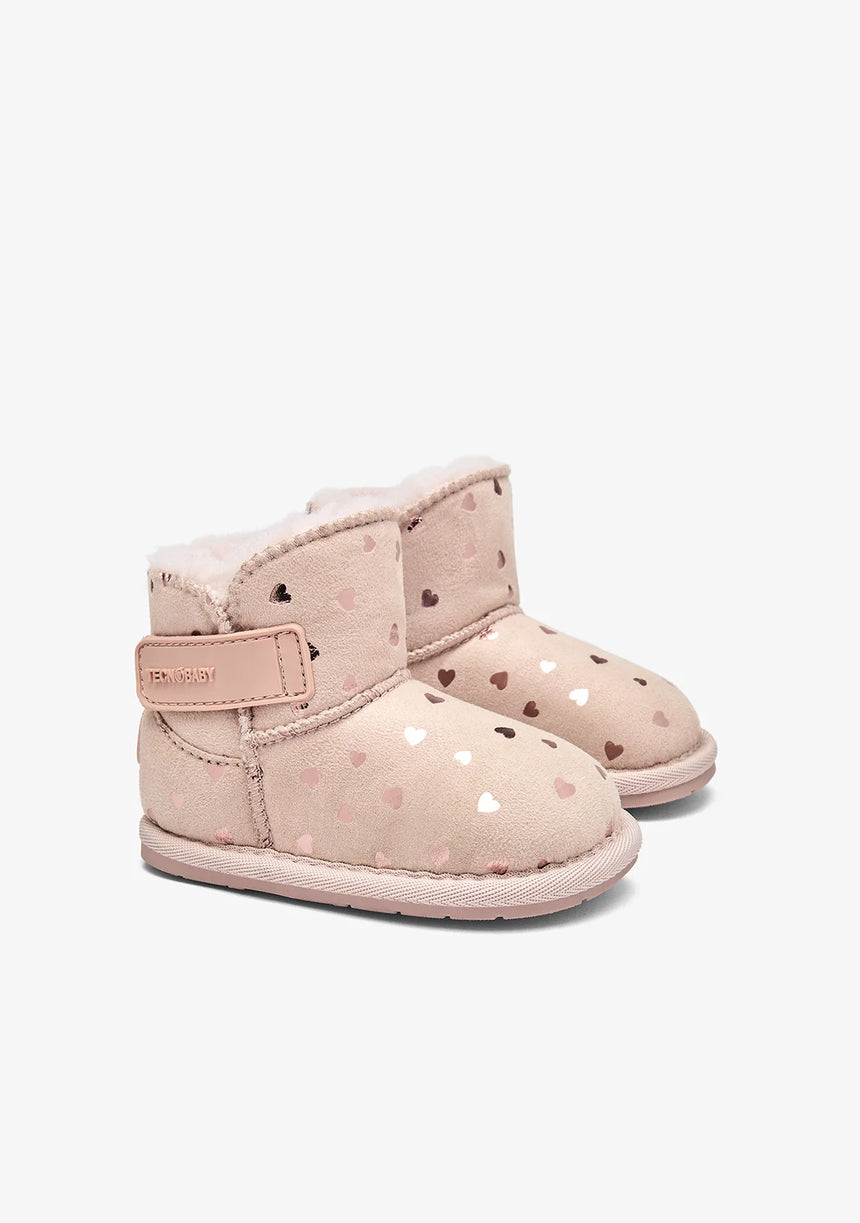 CONGUITOS Γούνινα μποτάκια ρόζ με καρδιές Barefoot tesh50101-tan