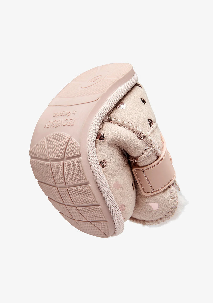 CONGUITOS Γούνινα μποτάκια ρόζ με καρδιές Barefoot tesh50101-tan